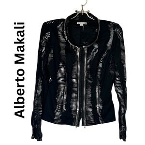 Alberto Makali Black and Silver Striped Pattern Moto Jacket Size M